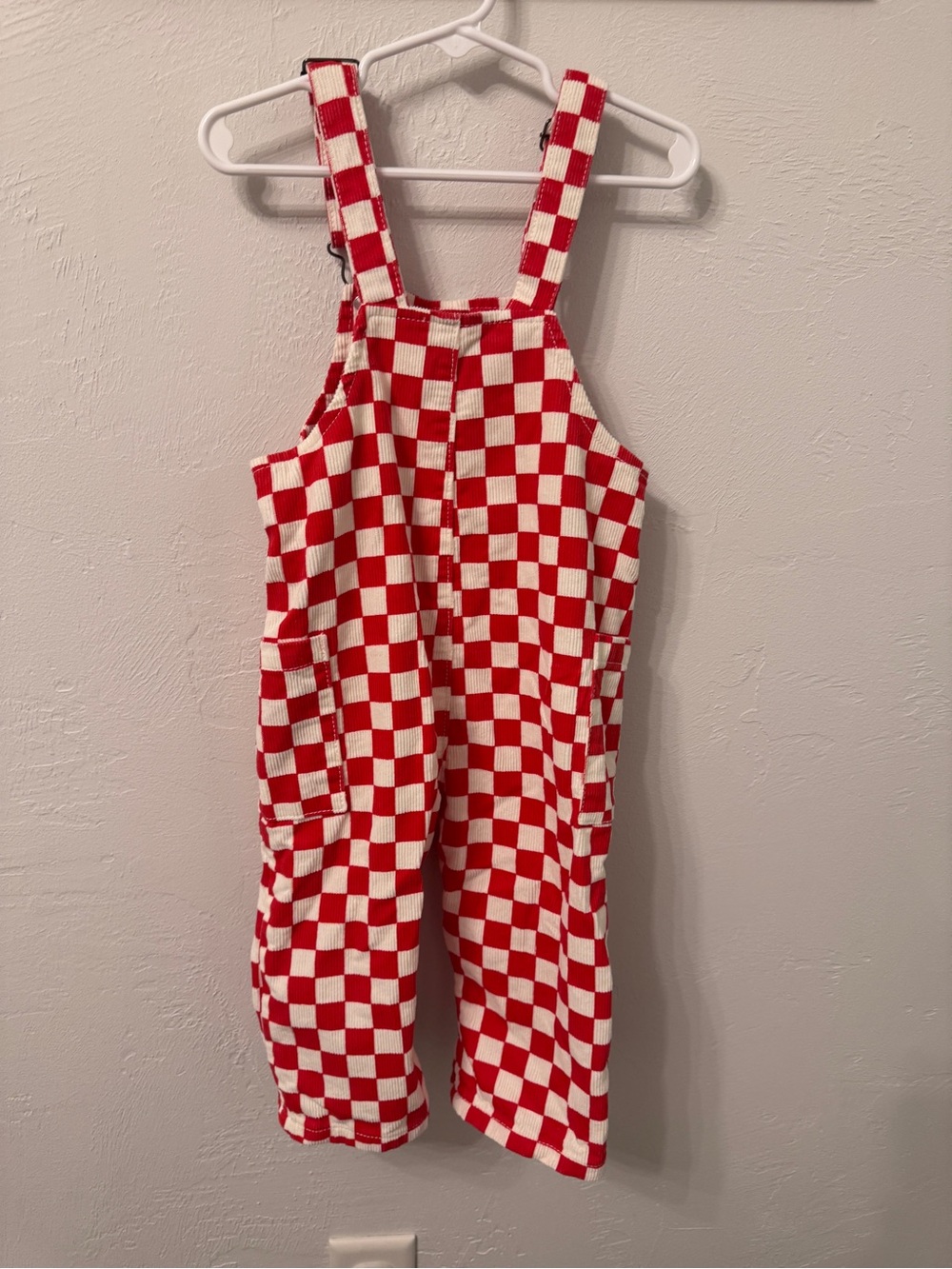 Kids Red & White Checker Denim Pocket Overalls - Little Trouble 2T Unisex - Picture 8 of 9
